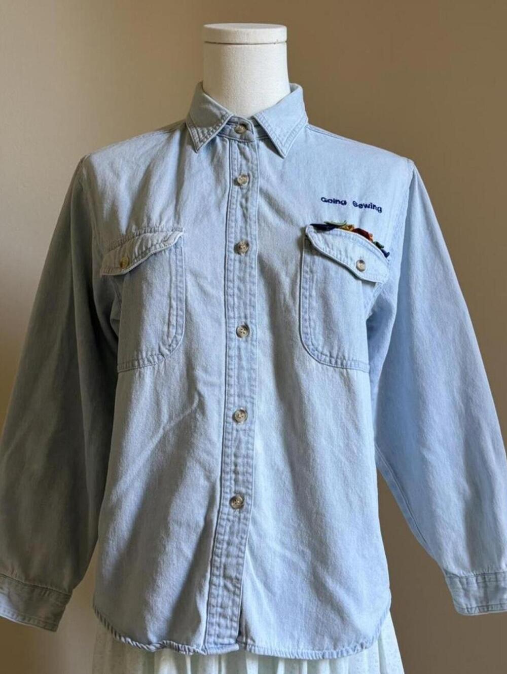 light wash denim button down with “going sewing” embroidery